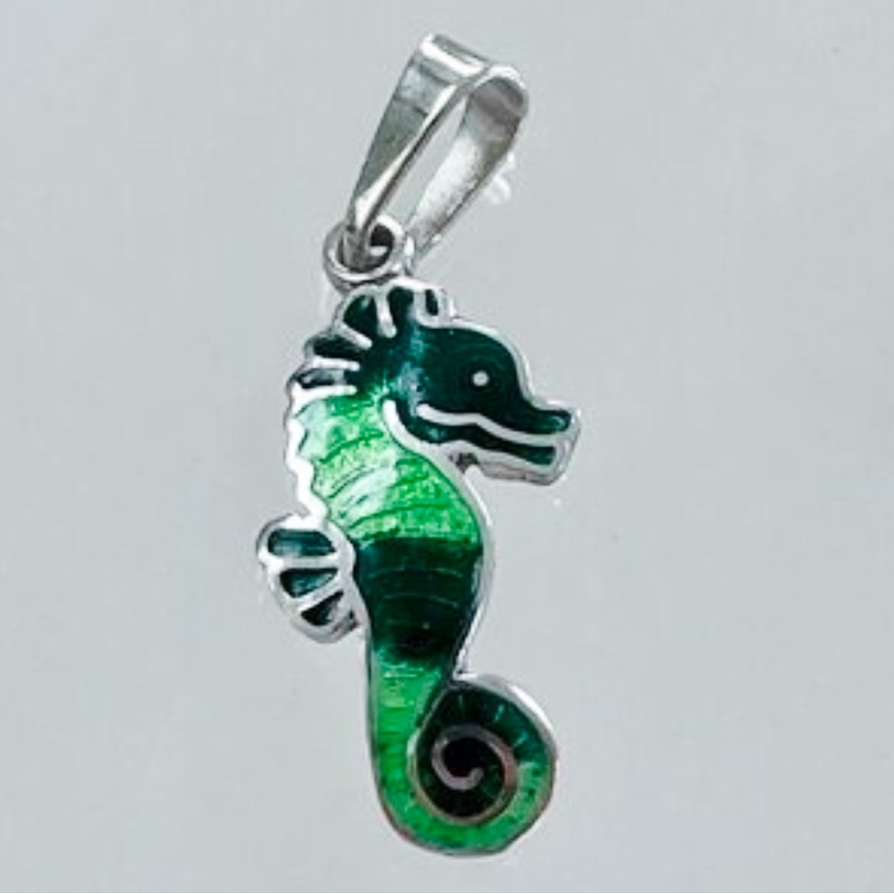 Sterling Silver Sea Horse Charm Vibrant Green Enamel